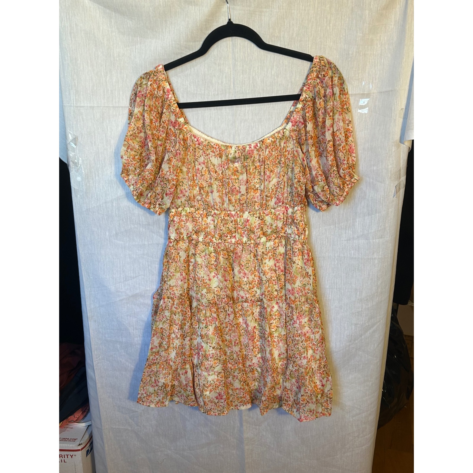 Sky To Moon Floral Mini Dress Orange Pink Smocked Puff Sleeve Cottagecore Med